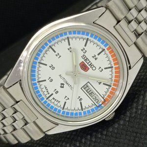 Vintage 1984 Seiko 5 Automatic Silver Mens Watch W/Day Date & Black Face RedBlue